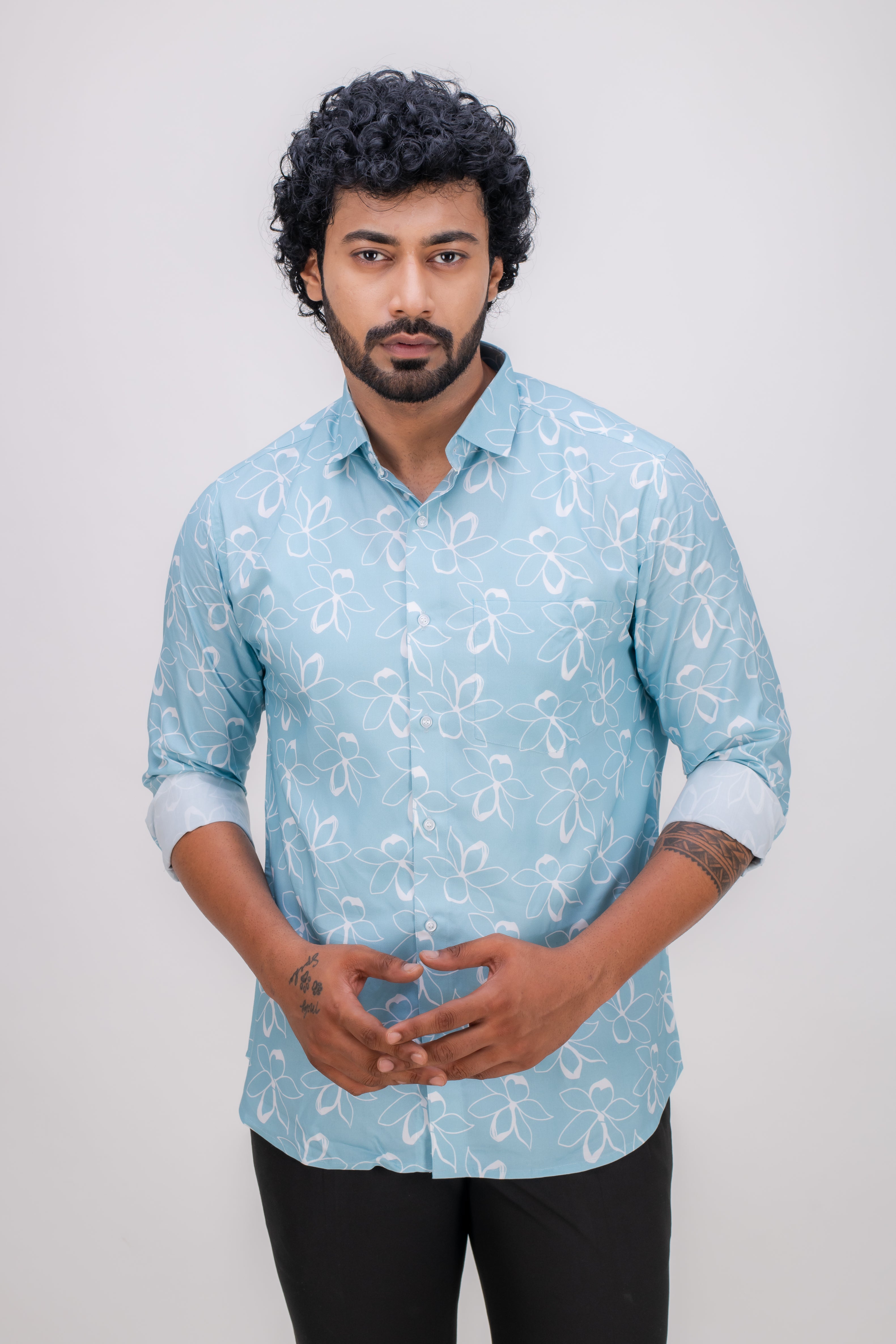 BLUE COTTON FLORAL PRINT SHIRT