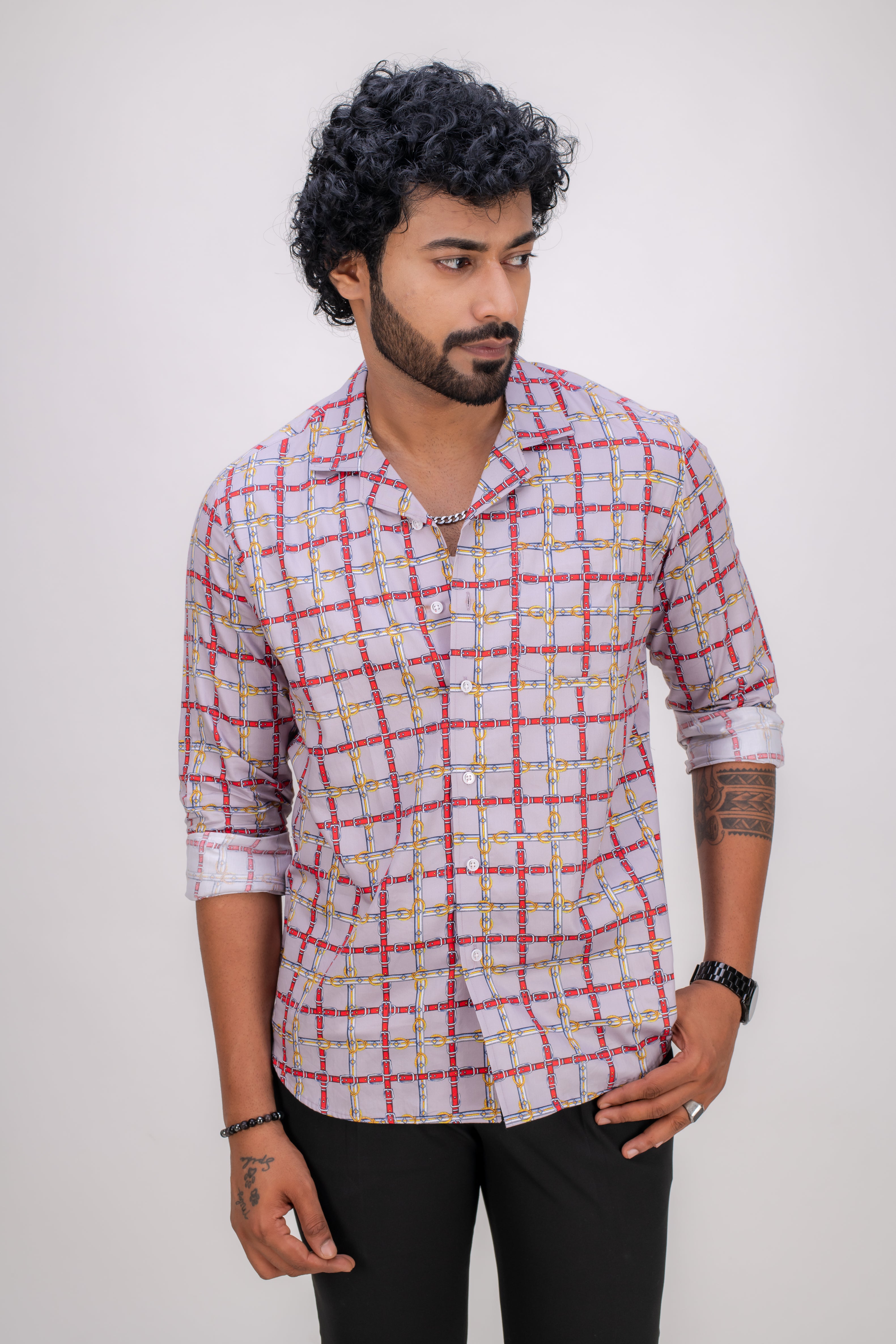 GREY COTTON ABSTRACT PRINT SHIRT