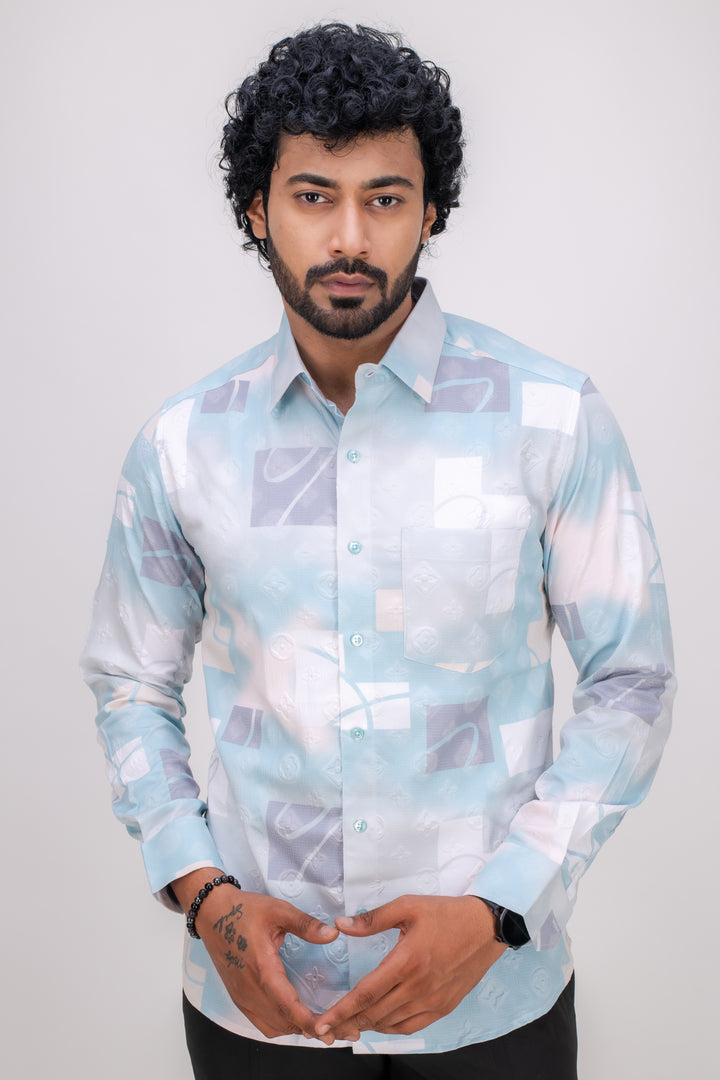 LIGHT BLUE STRETCH ABSTRACT PRINT SHIRT