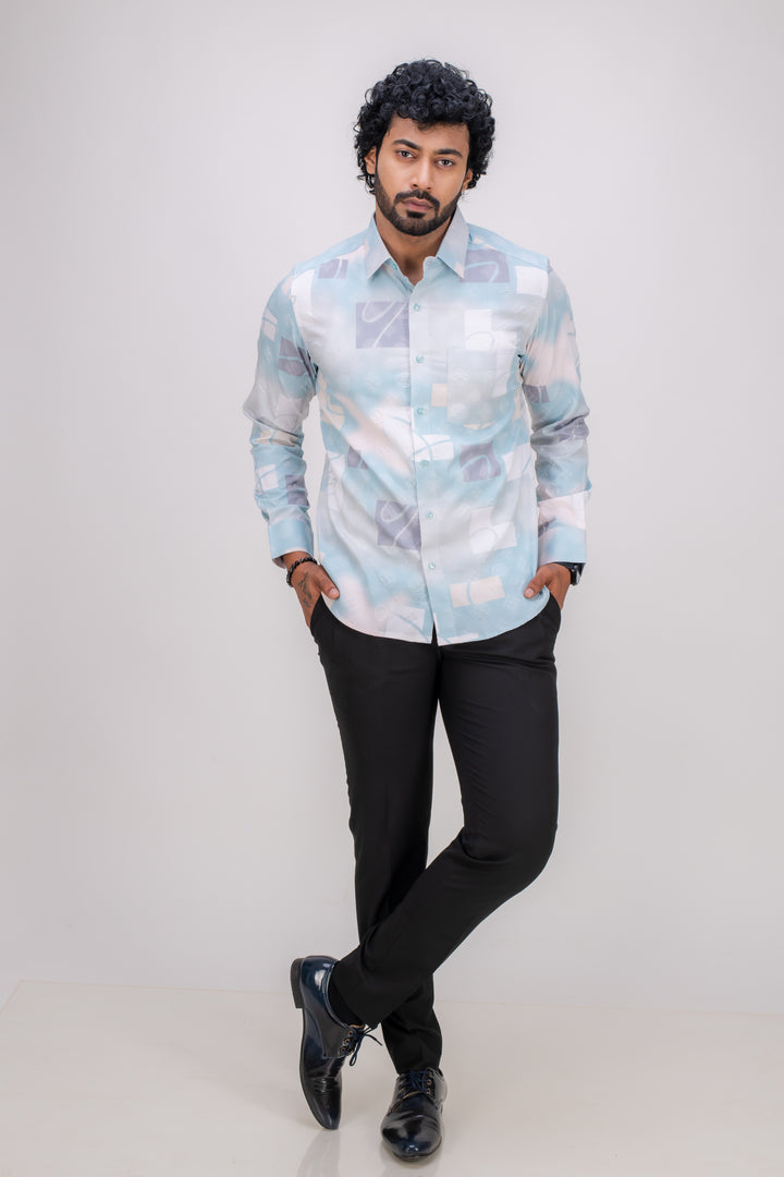 LIGHT BLUE STRETCH ABSTRACT PRINT SHIRT