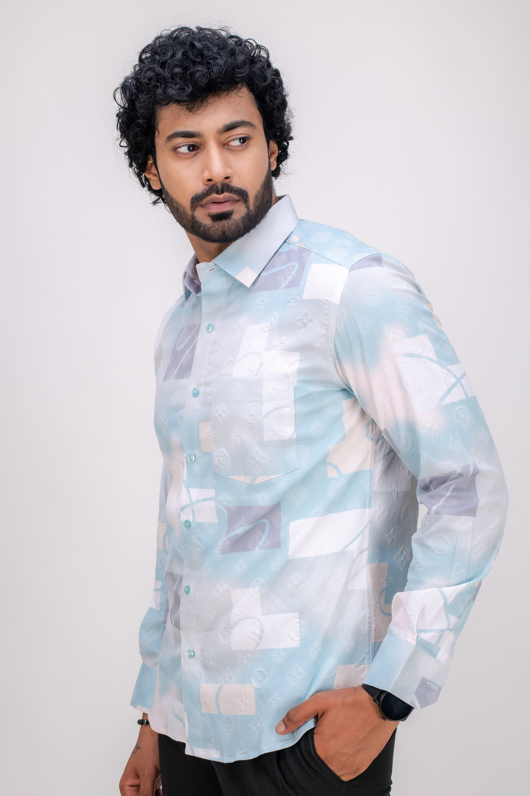 LIGHT BLUE STRETCH ABSTRACT PRINT SHIRT