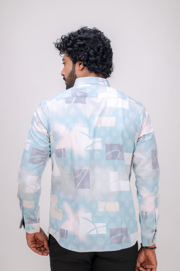 LIGHT BLUE STRETCH ABSTRACT PRINT SHIRT