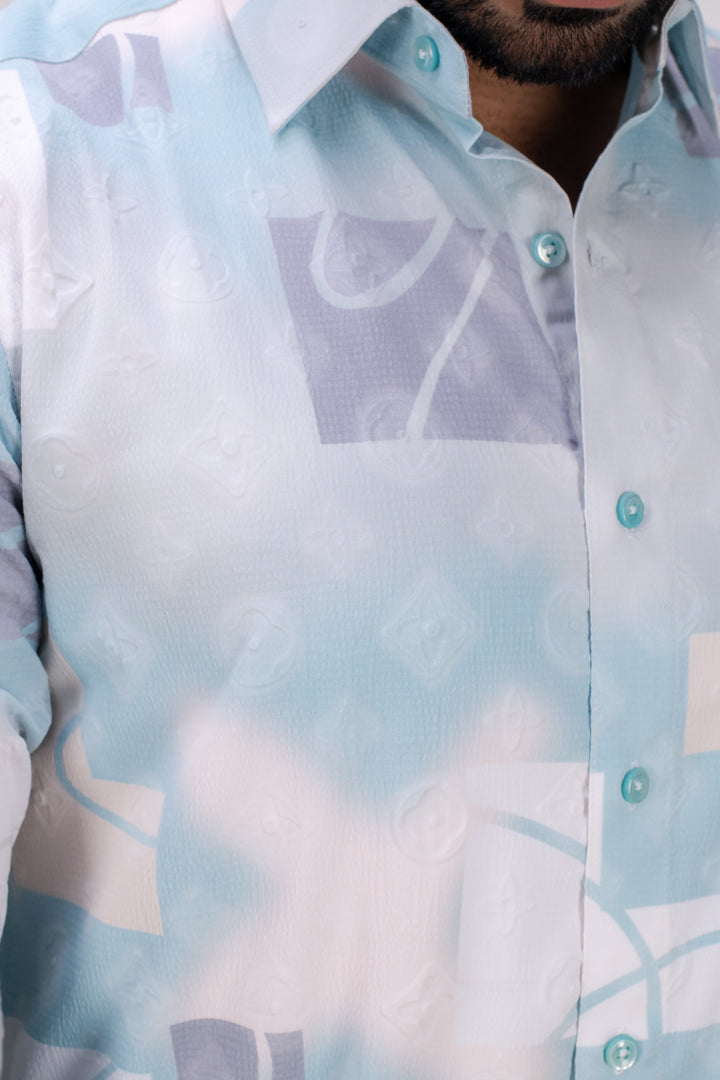 LIGHT BLUE STRETCH ABSTRACT PRINT SHIRT