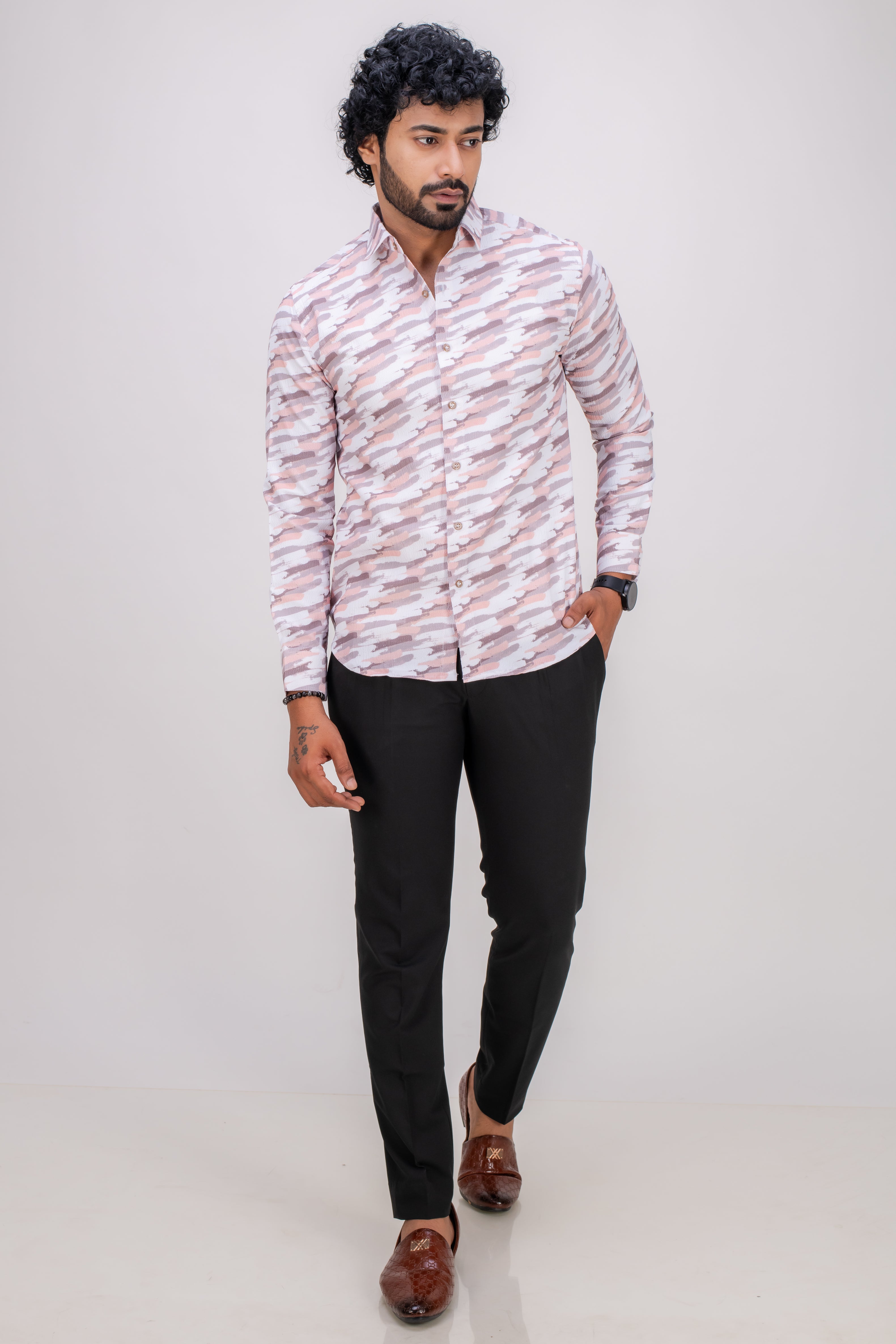 PEACH STRETCH ABSTRACT PRINT SHIRT
