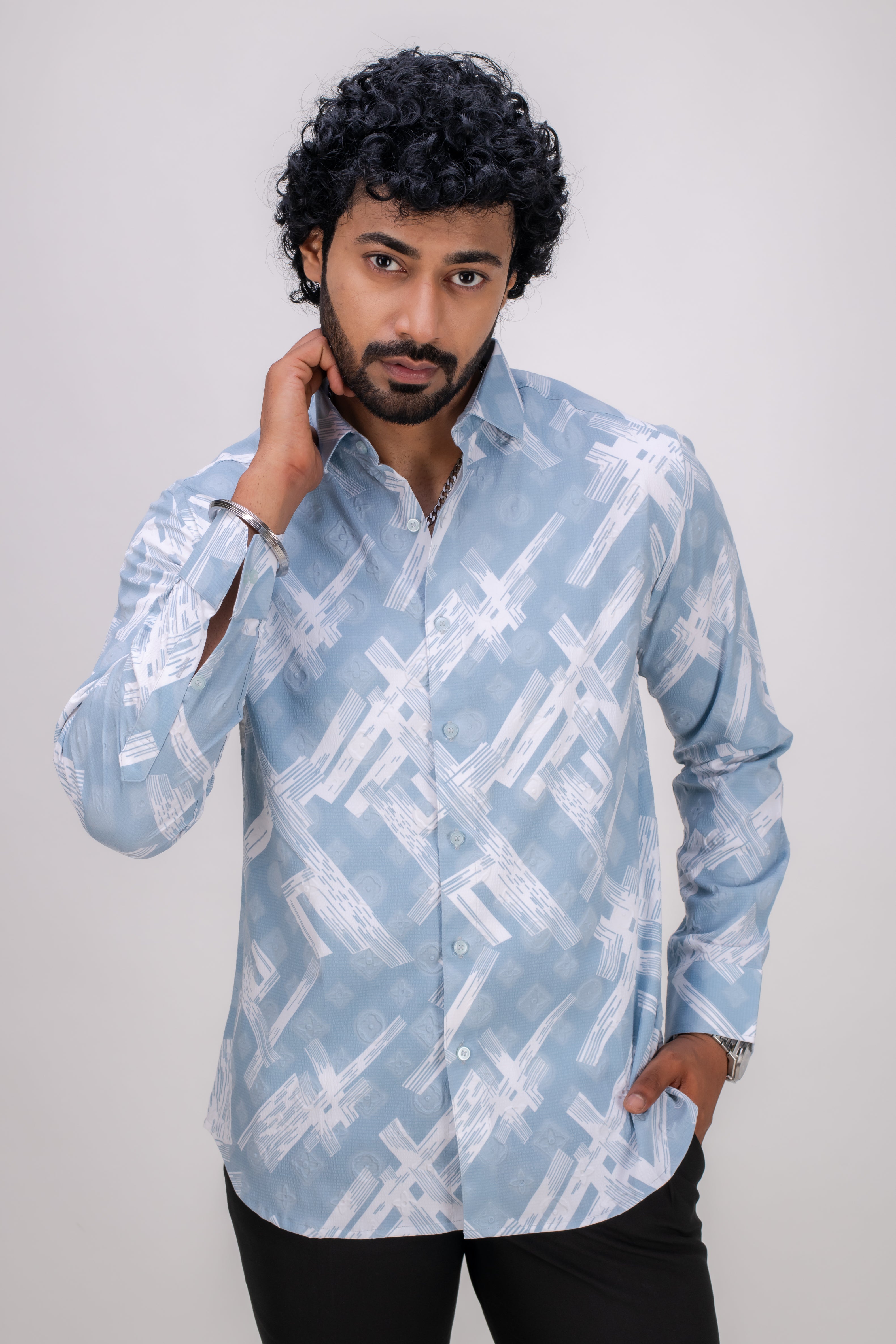 BLUE STRETCH ABSTRACT PRINT SHIRT