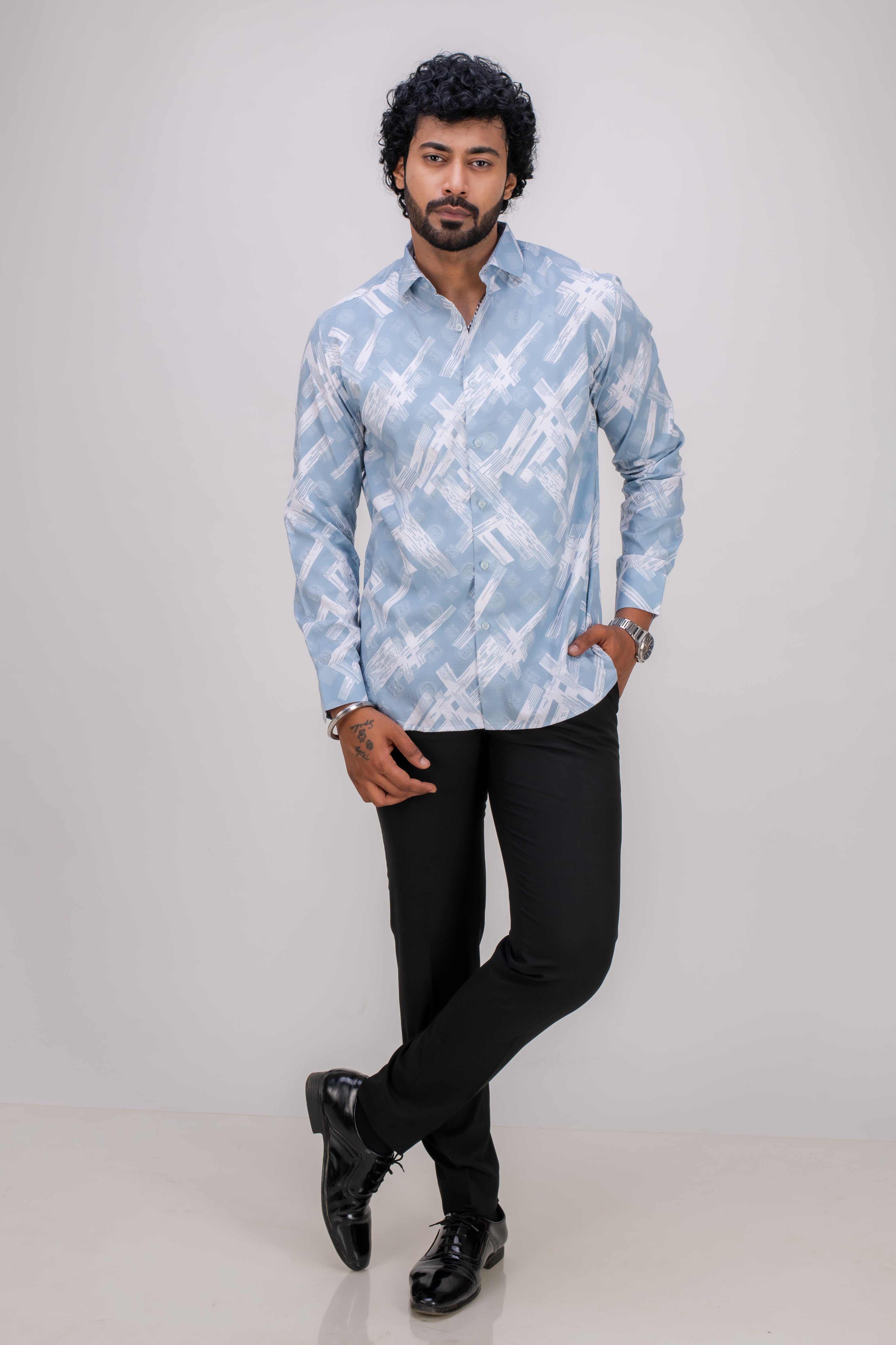 BLUE STRETCH ABSTRACT PRINT SHIRT