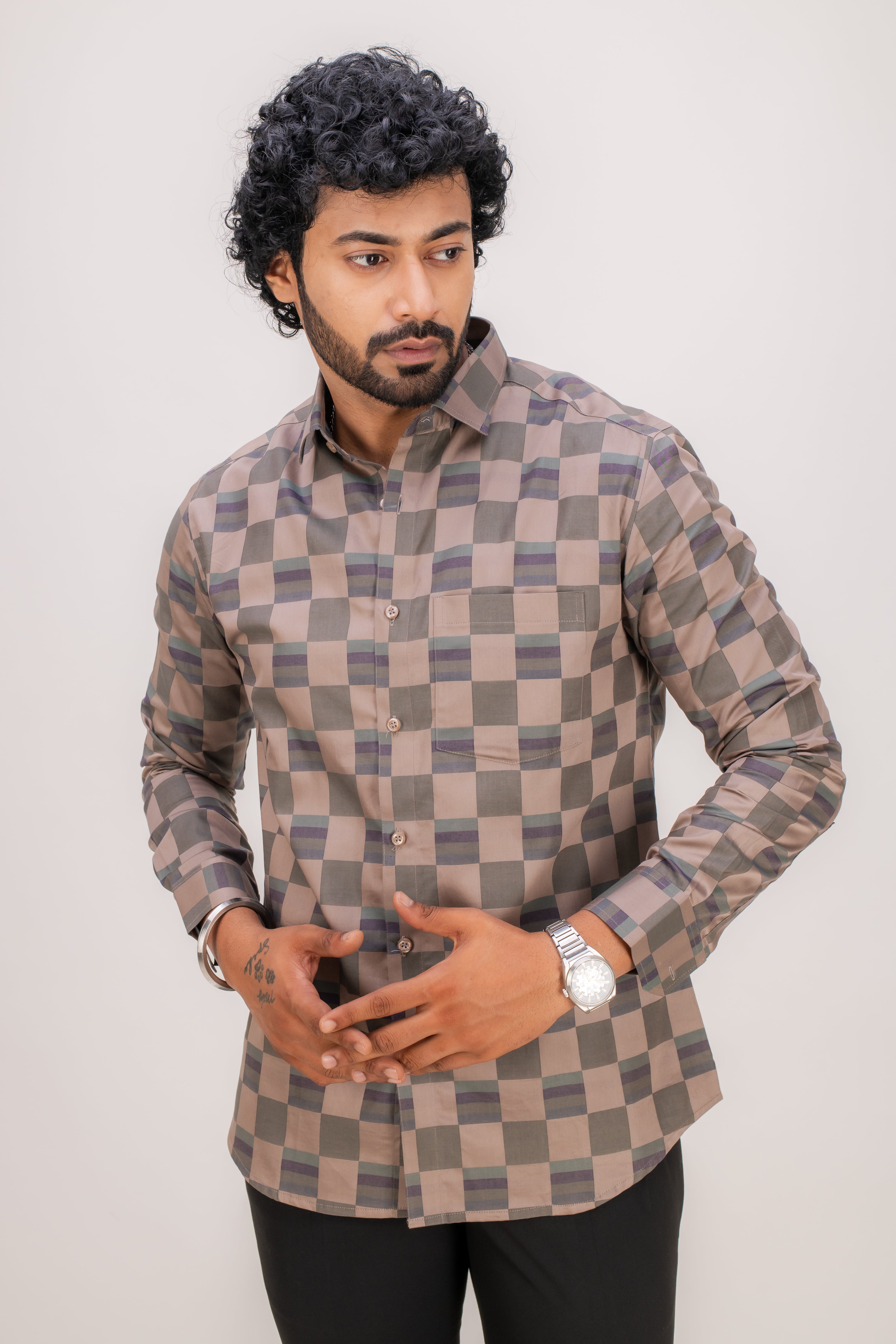 BROWN POPLIN CHECKS SHIRT