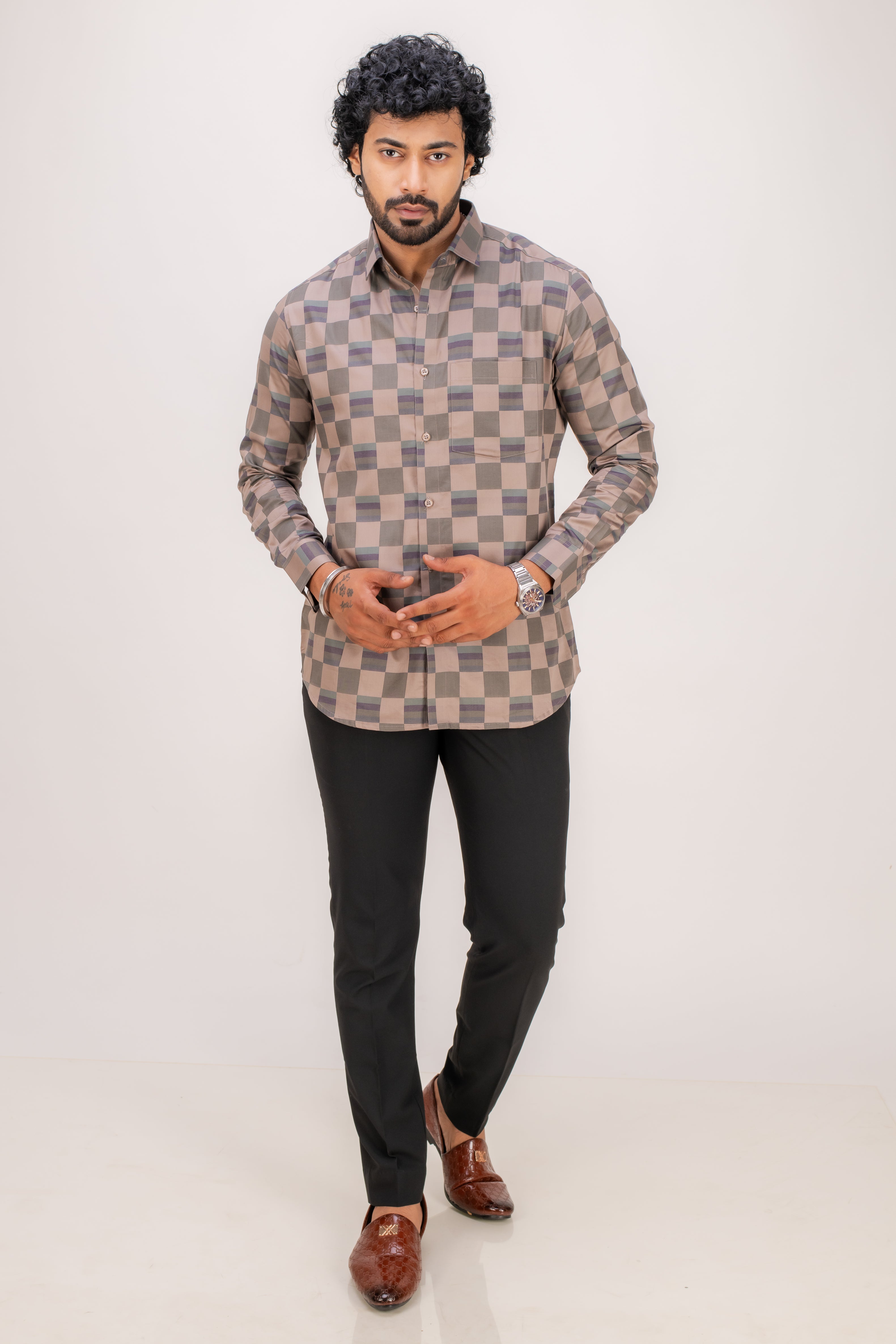 BROWN POPLIN CHECKS SHIRT