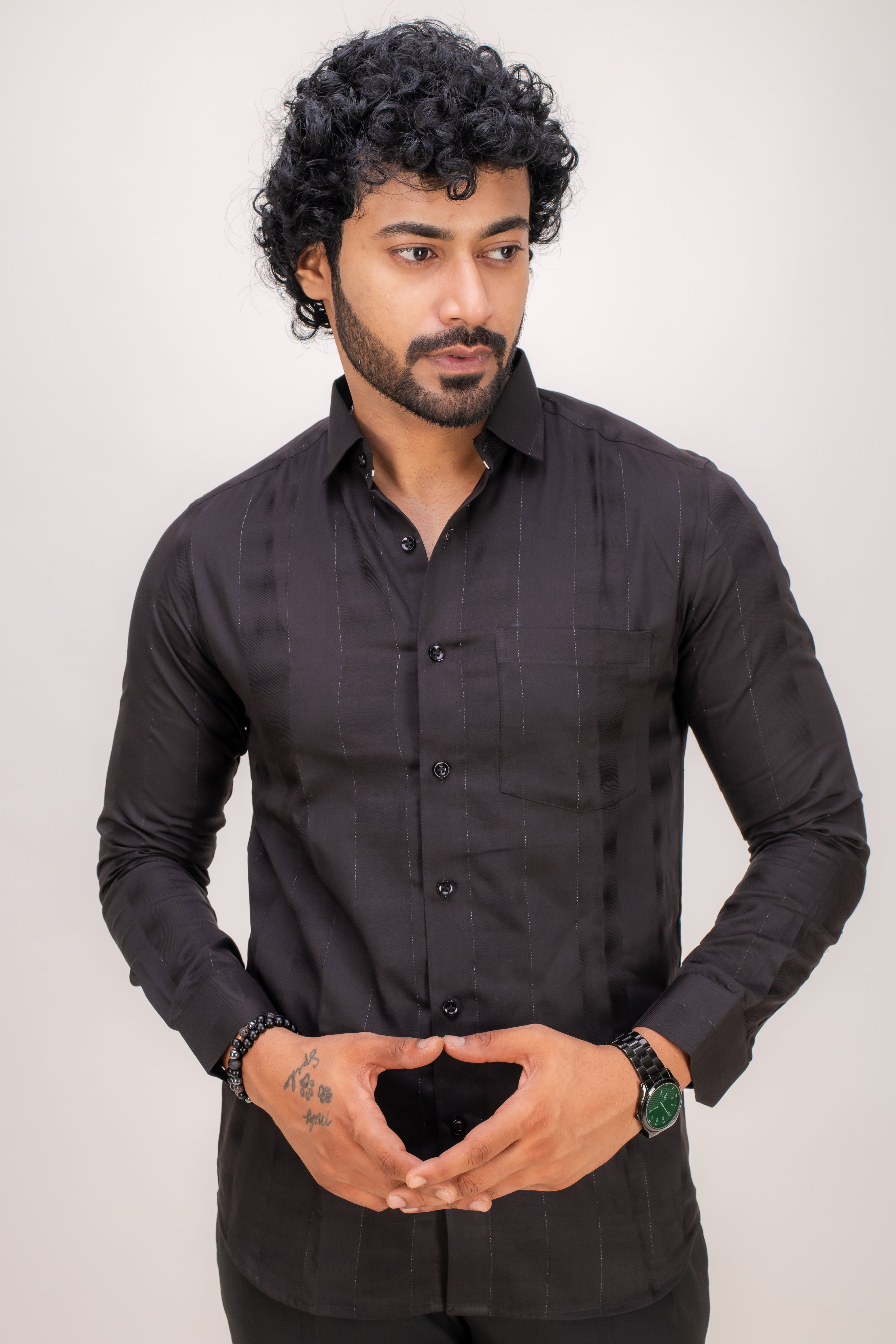 BLACK ZARI STRIPES COTTON SHIRT