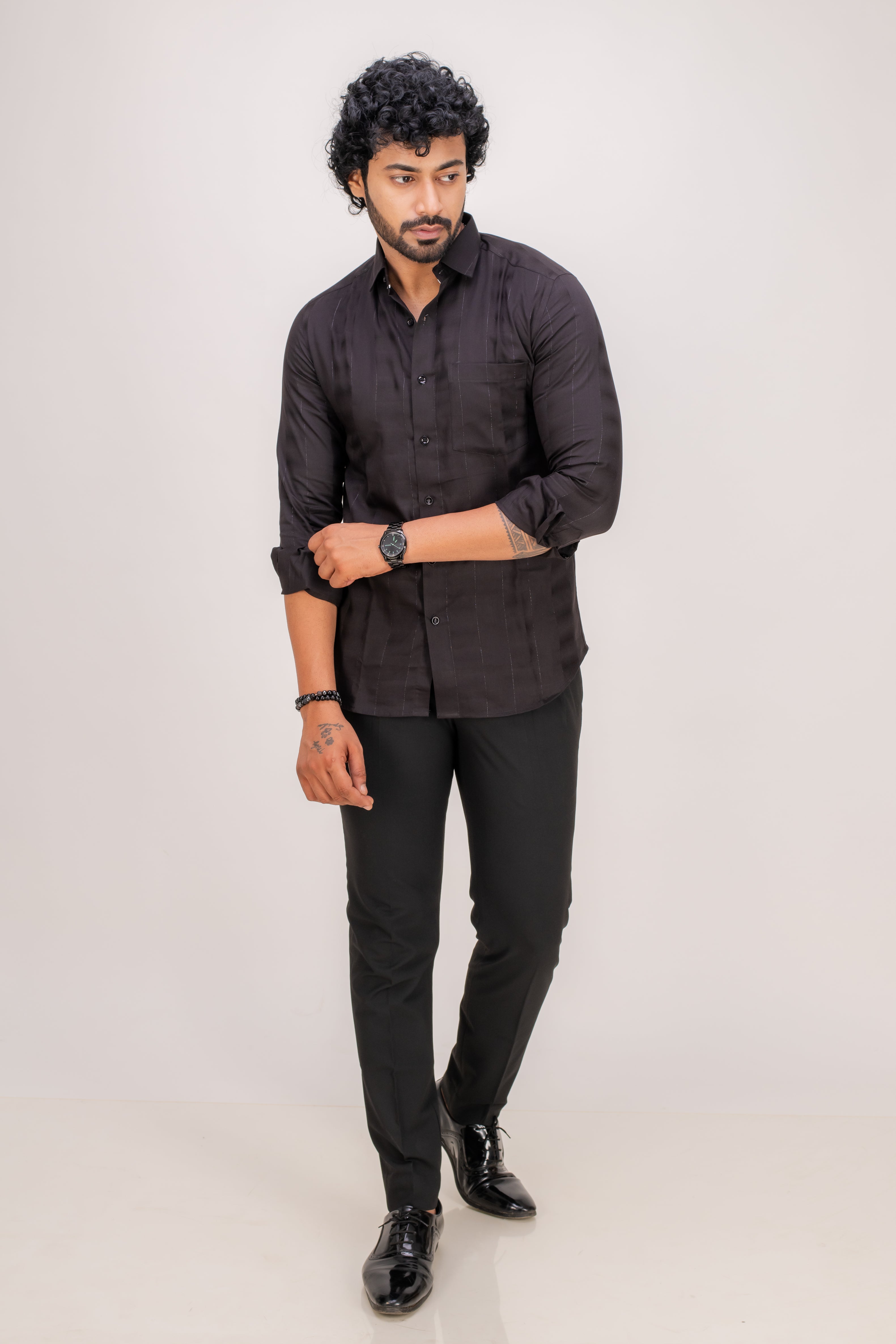 BLACK ZARI STRIPES COTTON SHIRT