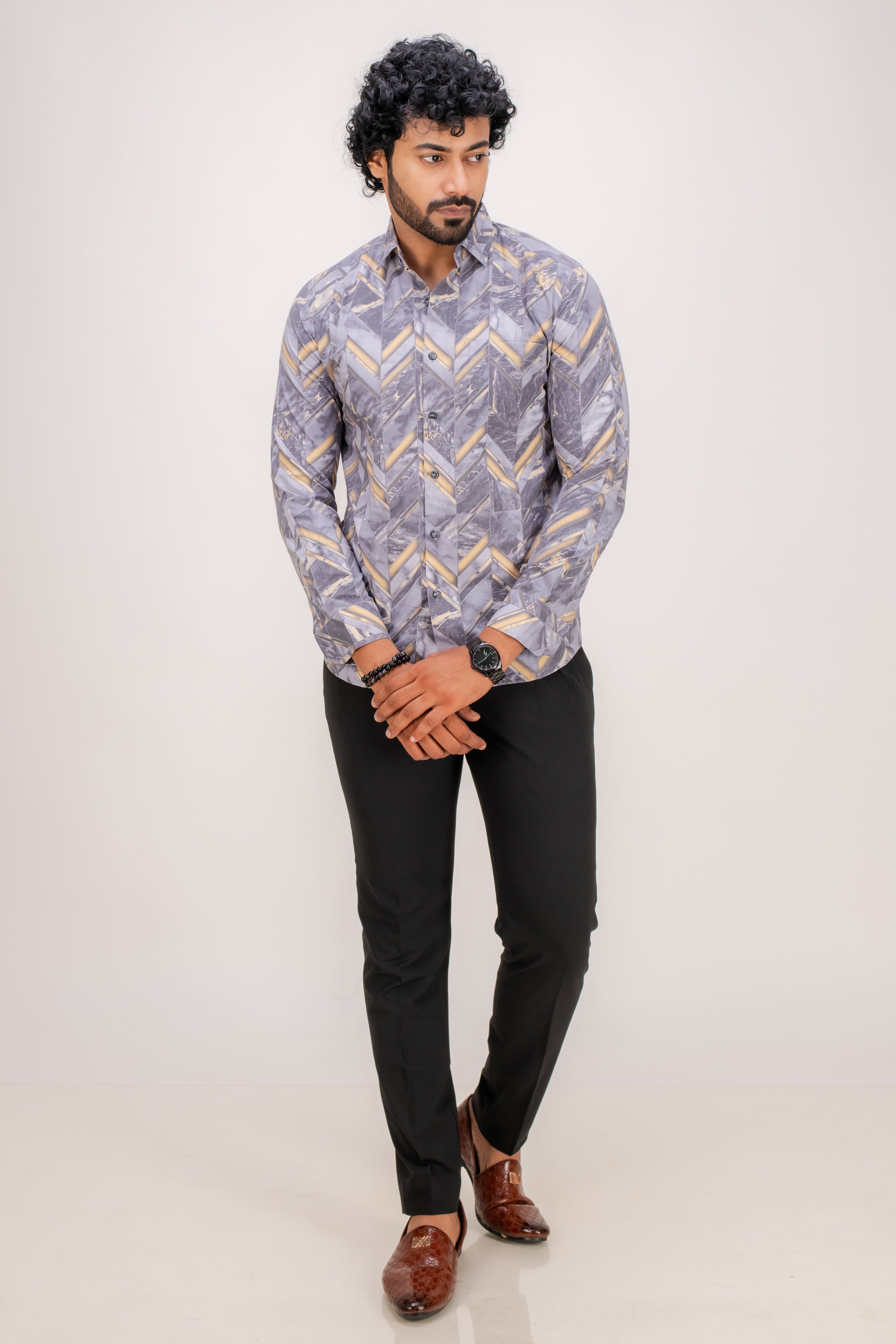 WRINKLE FREE GREY ABSTRACT PRINT SHIRT