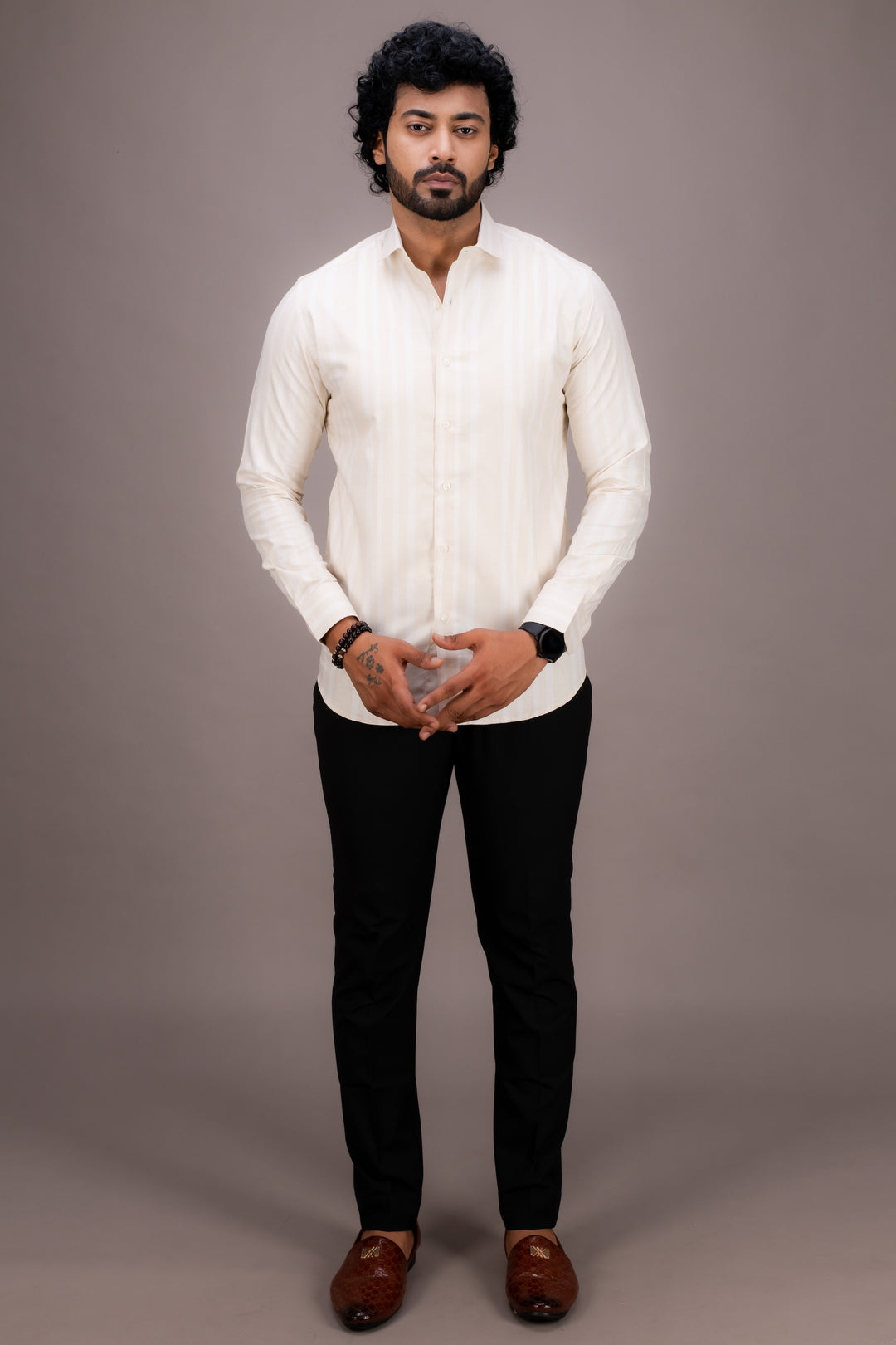 CREAM STRIPED TWILL SHIRT