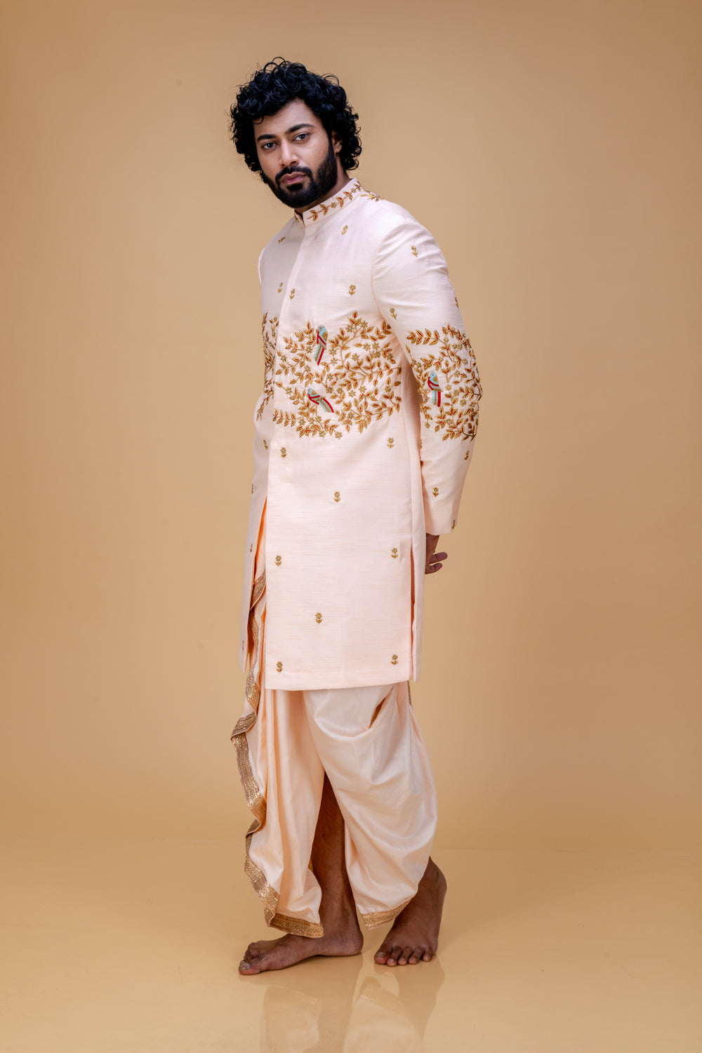 Abees Peach hand embroidered sherwani with dhoti - back view