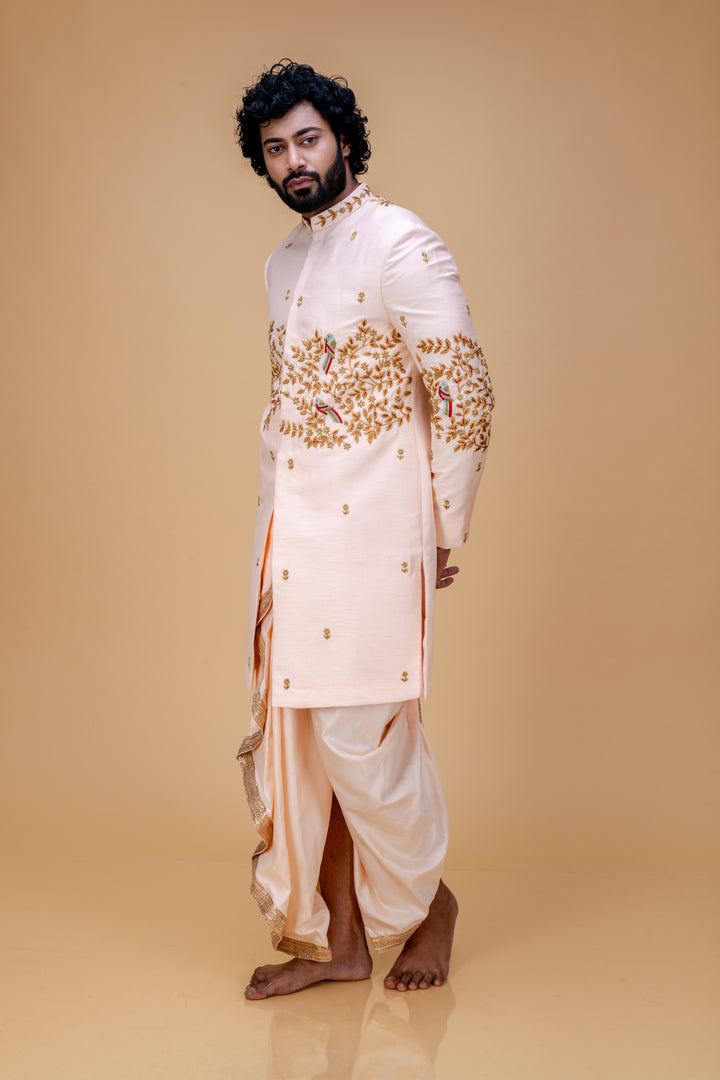 Abees Peach hand embroidered sherwani with dhoti - back view