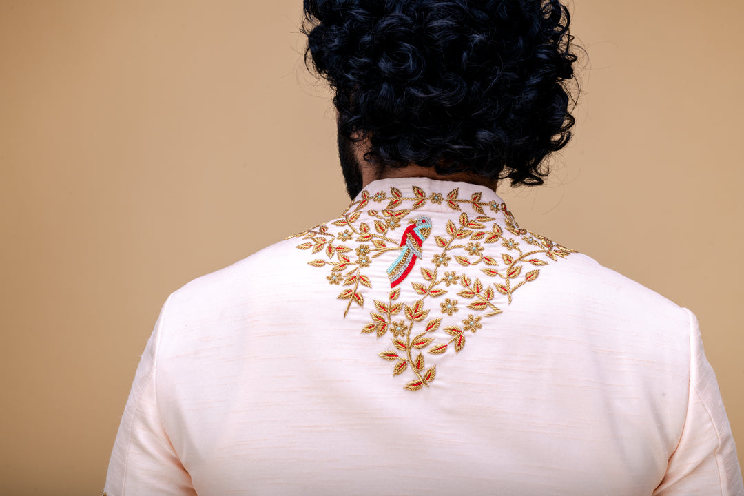 Abees Peach hand embroidered sherwani with dhoti - detail view 3