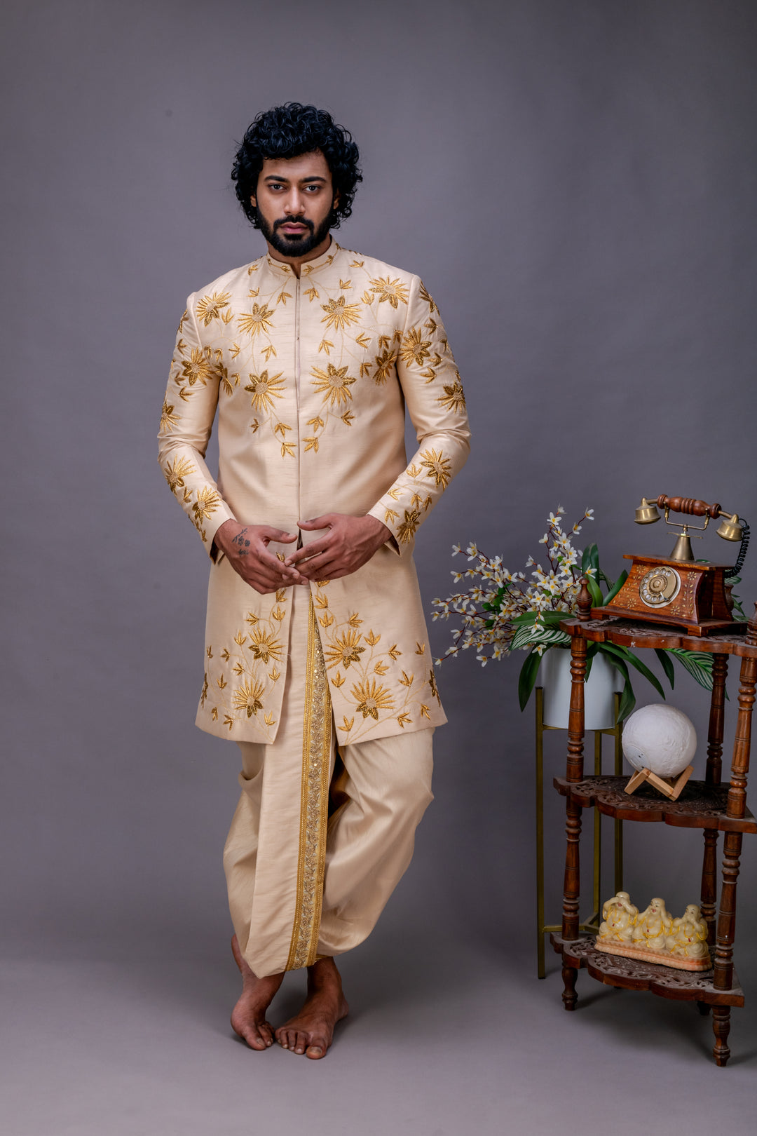 Abees Gold hand embroidered sherwani with dhoti set - front view