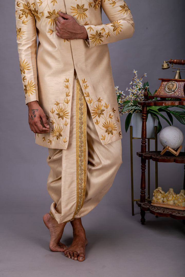 Abees Gold hand embroidered sherwani with dhoti set - detail view 3