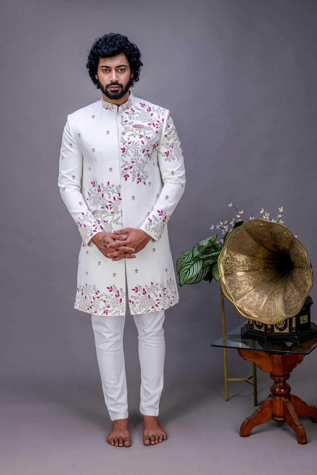 Abees White hand embroidered sherwani set - front view