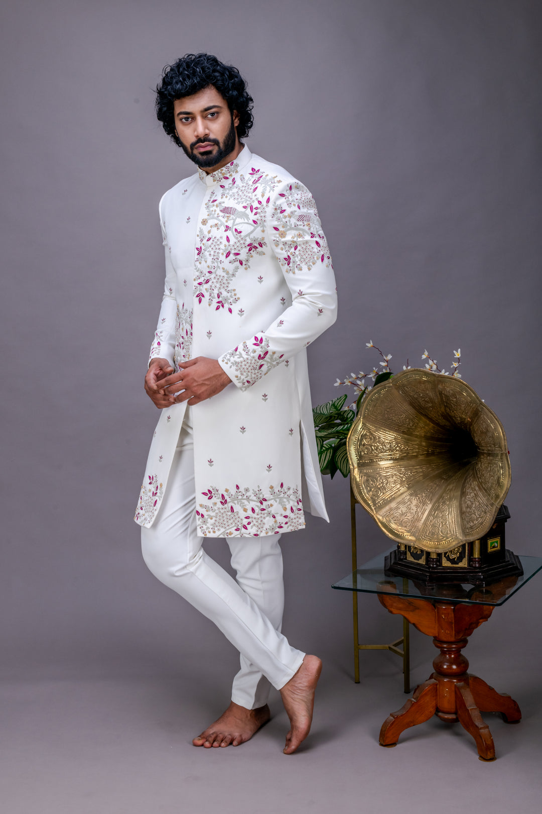 Abees White hand embroidered sherwani set - side view