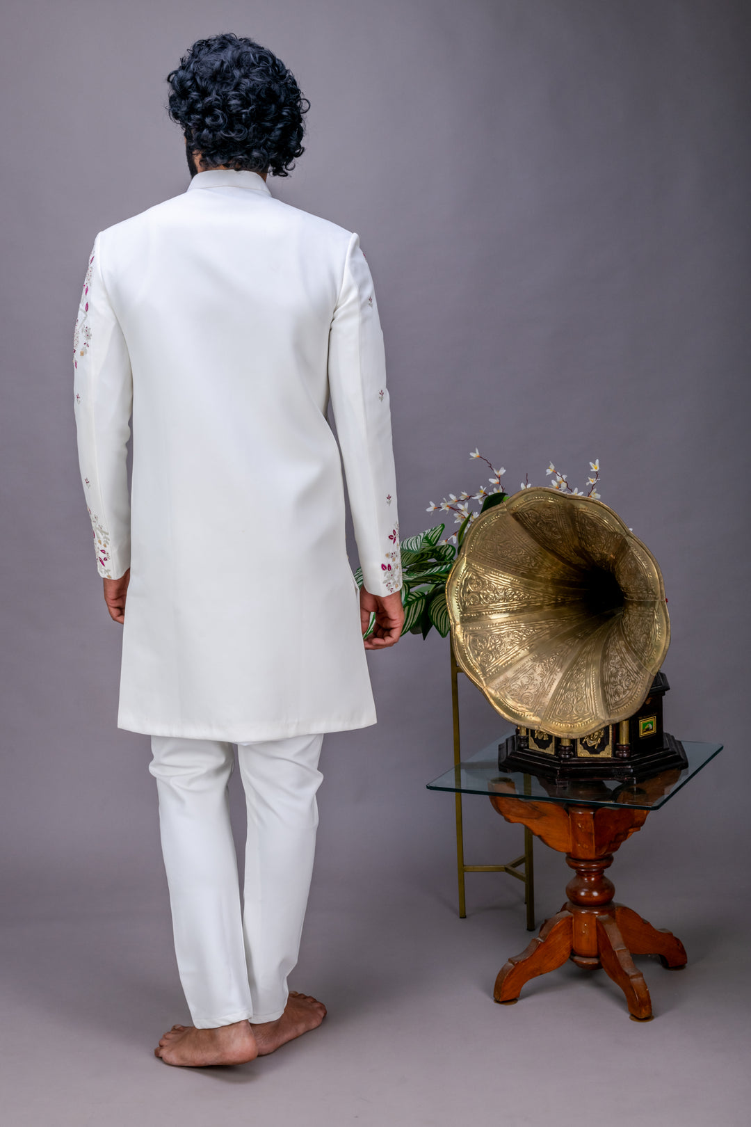 Abees White hand embroidered sherwani set - detail view 1