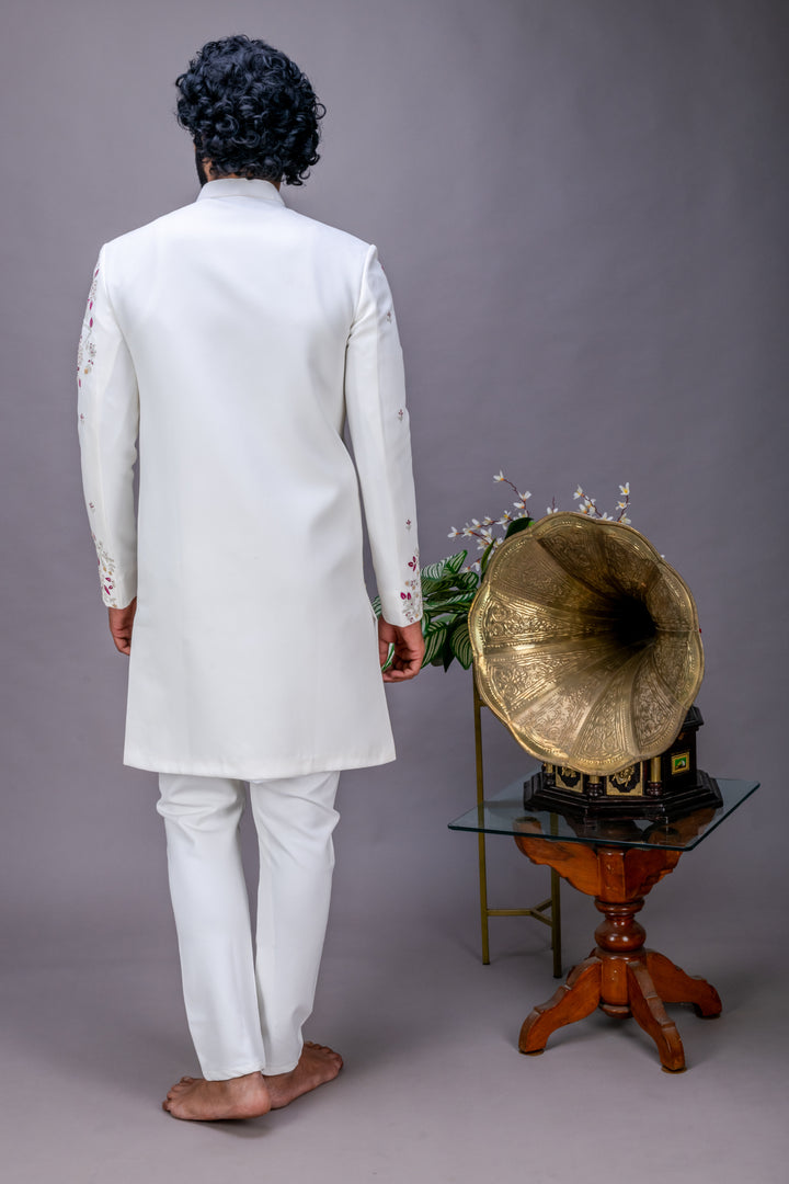 Abees White hand embroidered sherwani set - detail view 1