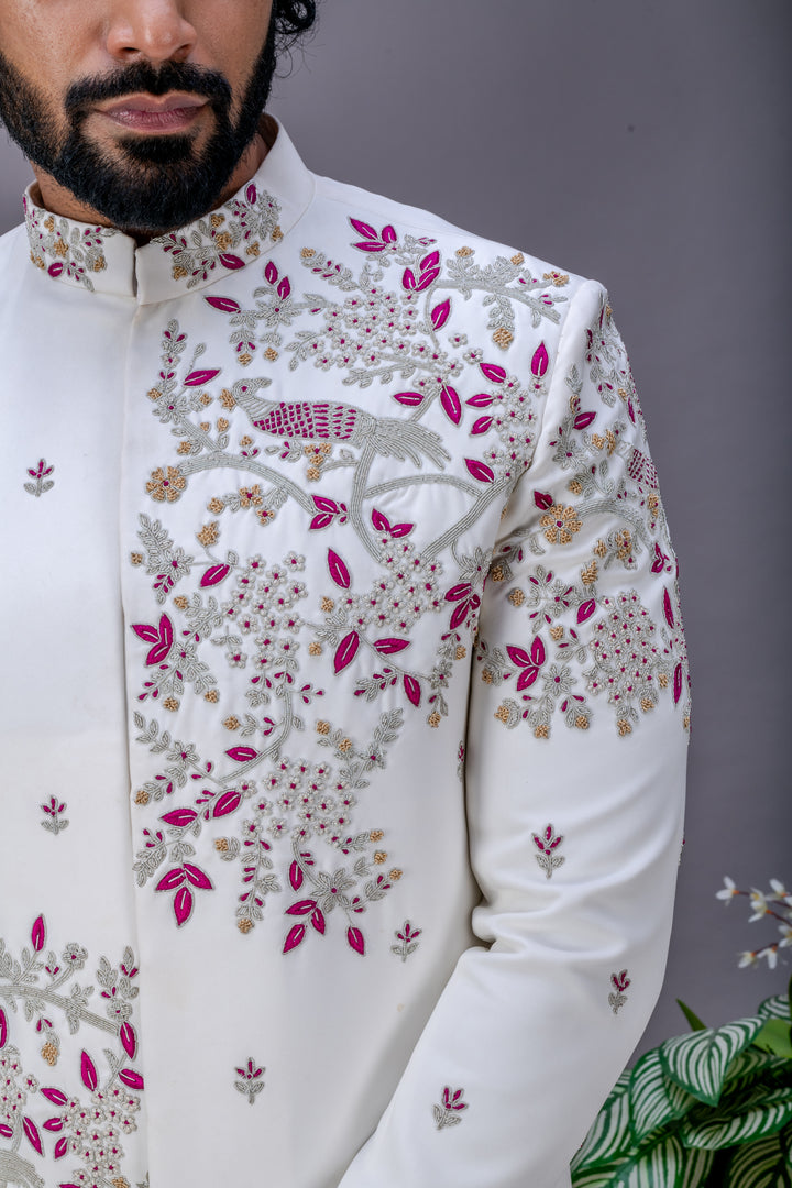 Abees White hand embroidered sherwani set - back view