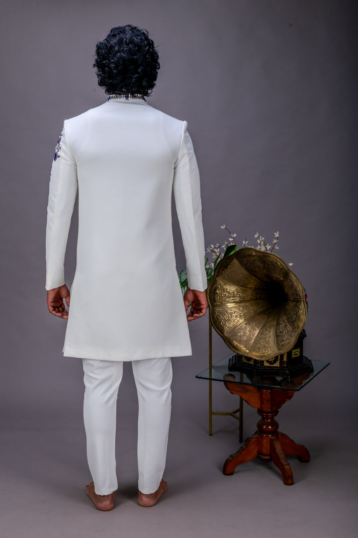 Abees White and grey hand embroidered sherwani set - side view