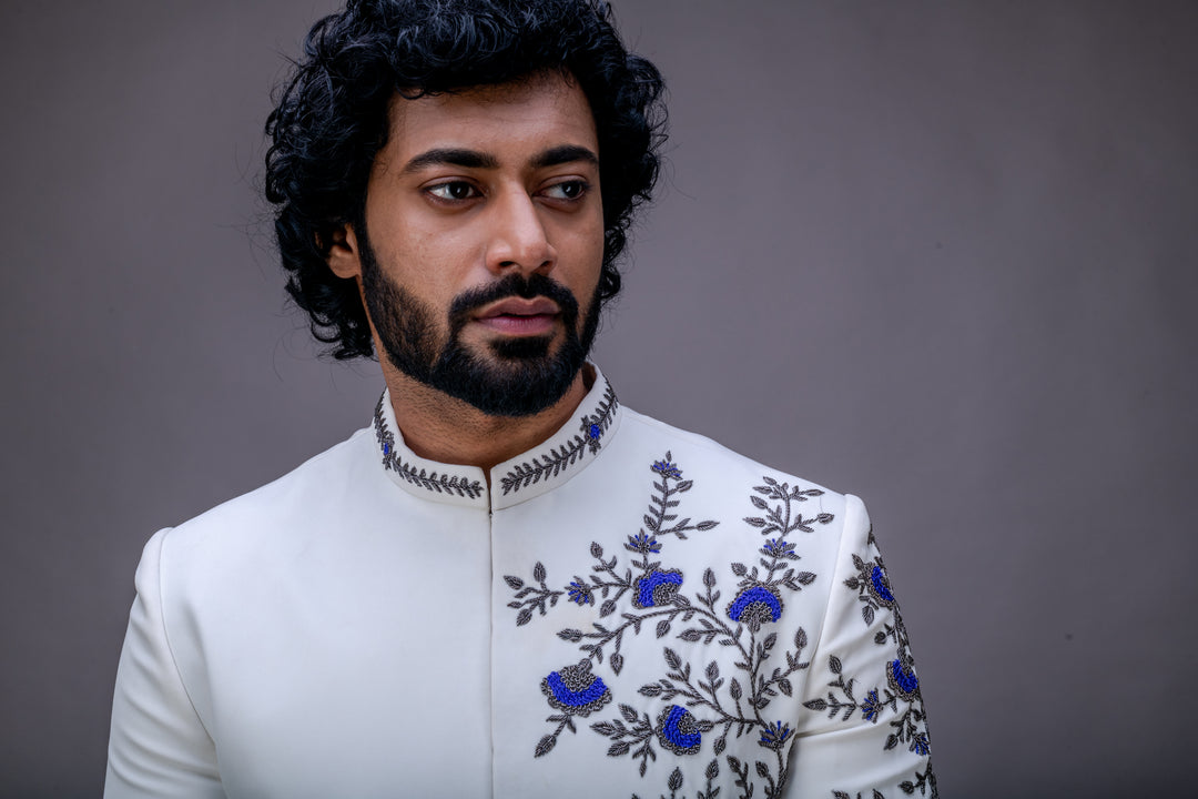 Abees White and grey hand embroidered sherwani set - detail view 2