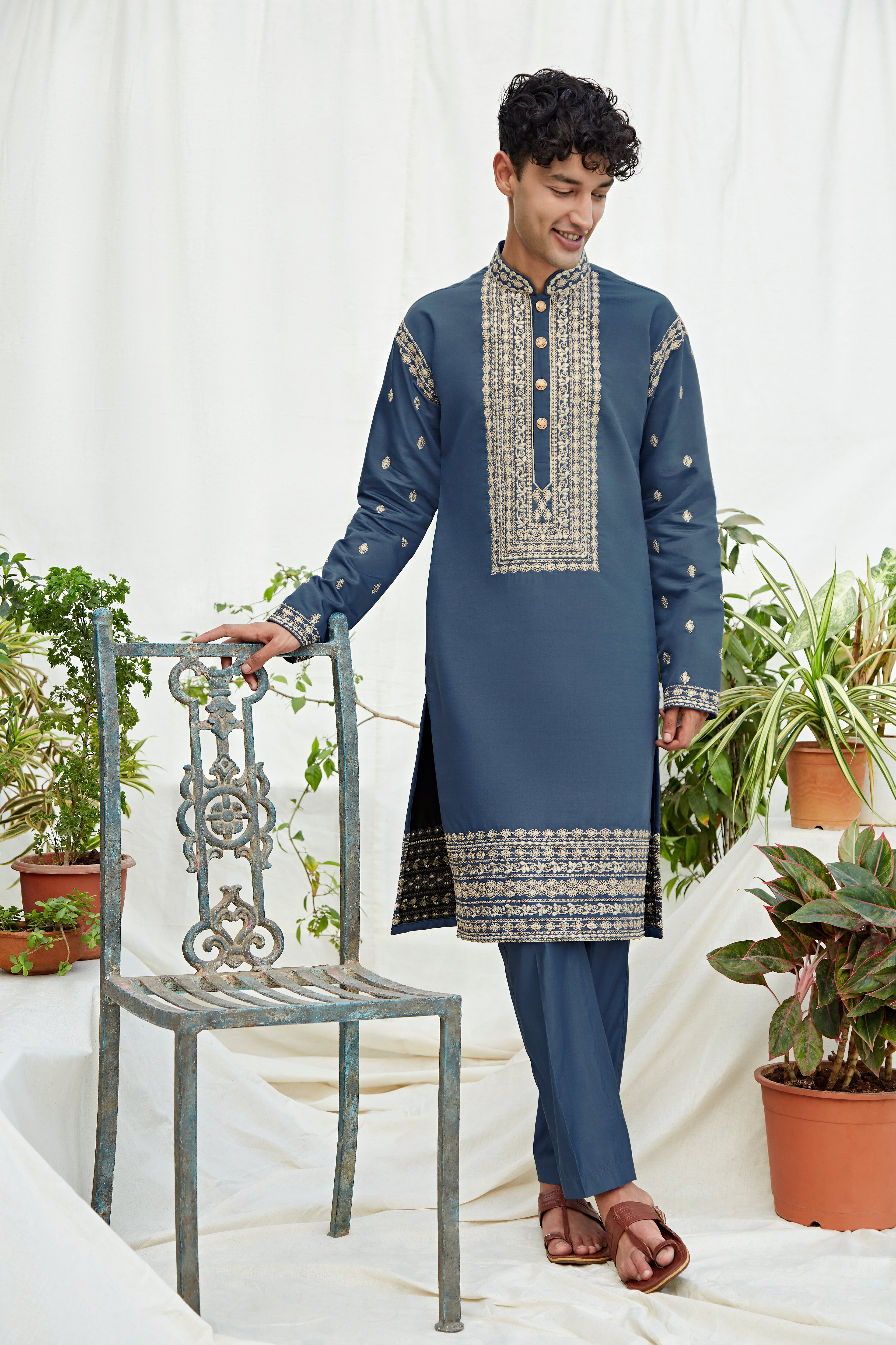 Premium Blue Embroidered Kurta for Men – Festive & Wedding Wear