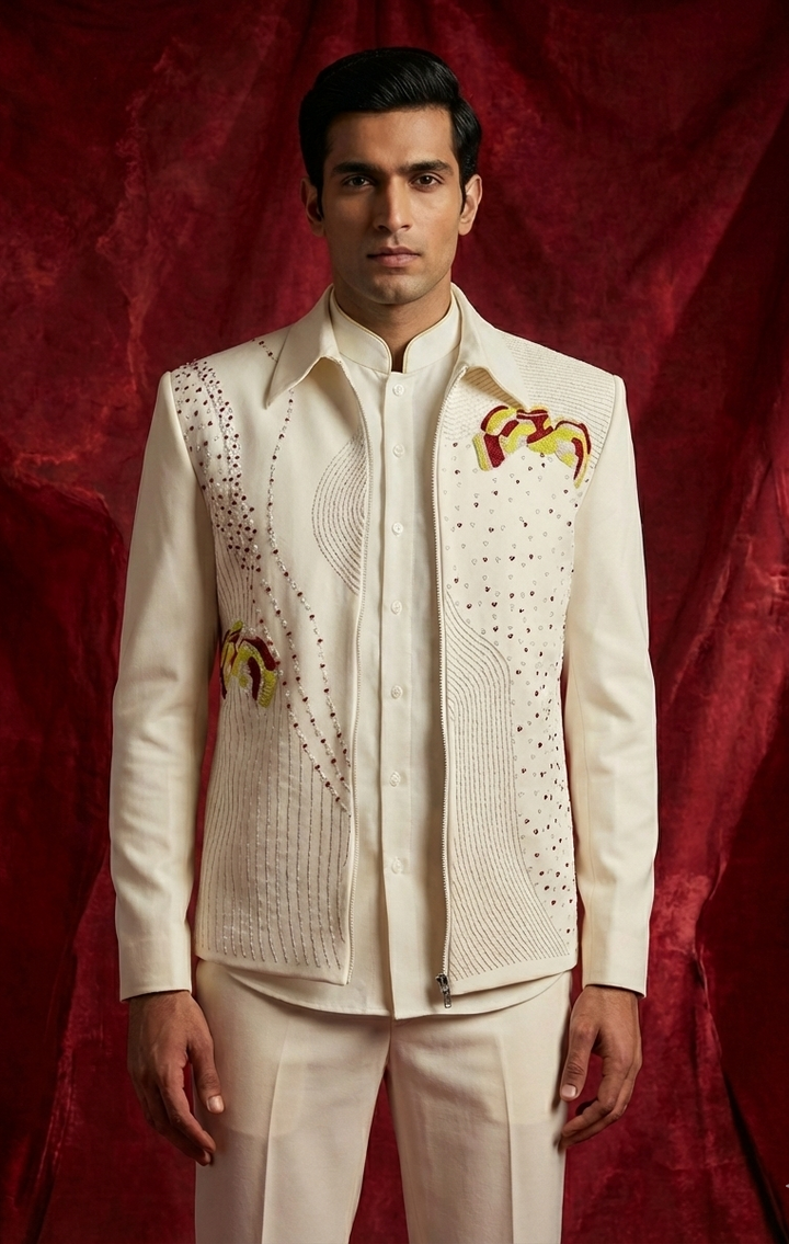Abees Ivory silk embroidered indo-western jacket set - front view