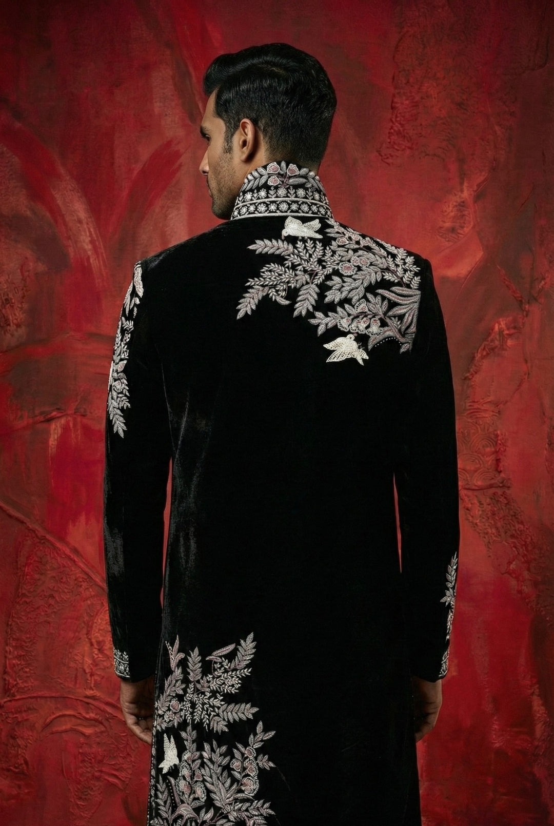 Abees Black hand embroidered sherwani set - side view