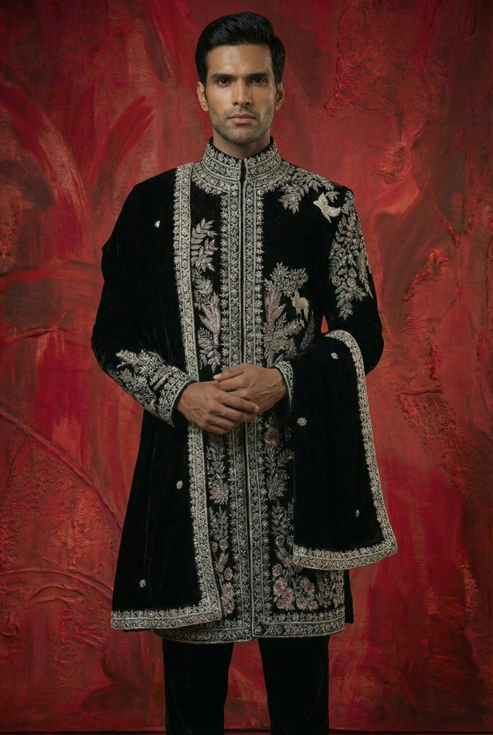 Abees Black hand embroidered sherwani set - front view