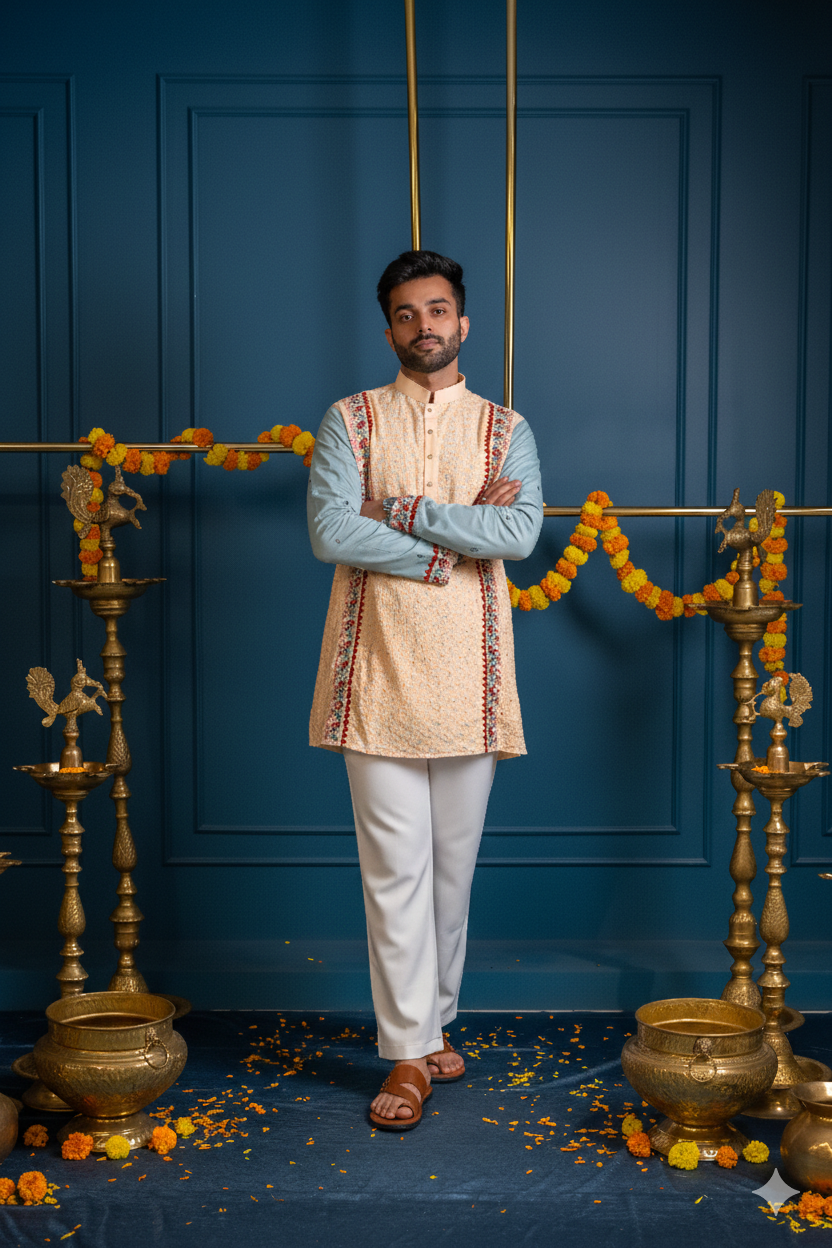 Abees Beige cotton silk embroidered kurta set - side view