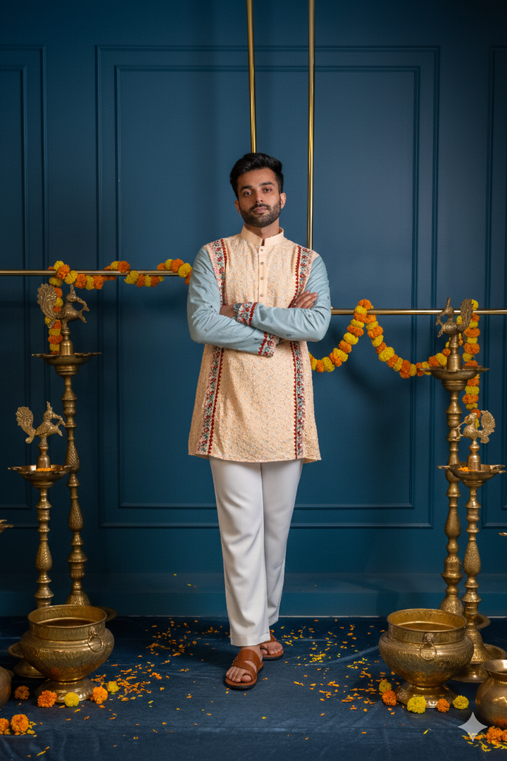 Abees Beige cotton silk embroidered kurta set - side view