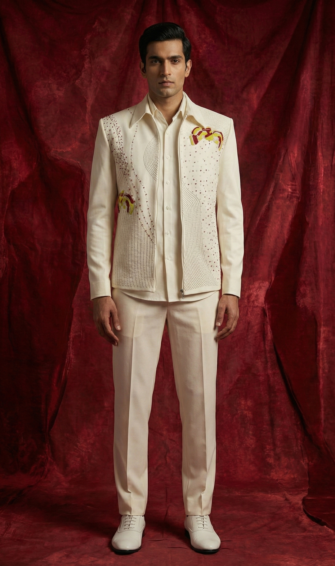 Abees Ivory silk embroidered indo-western jacket set - side view