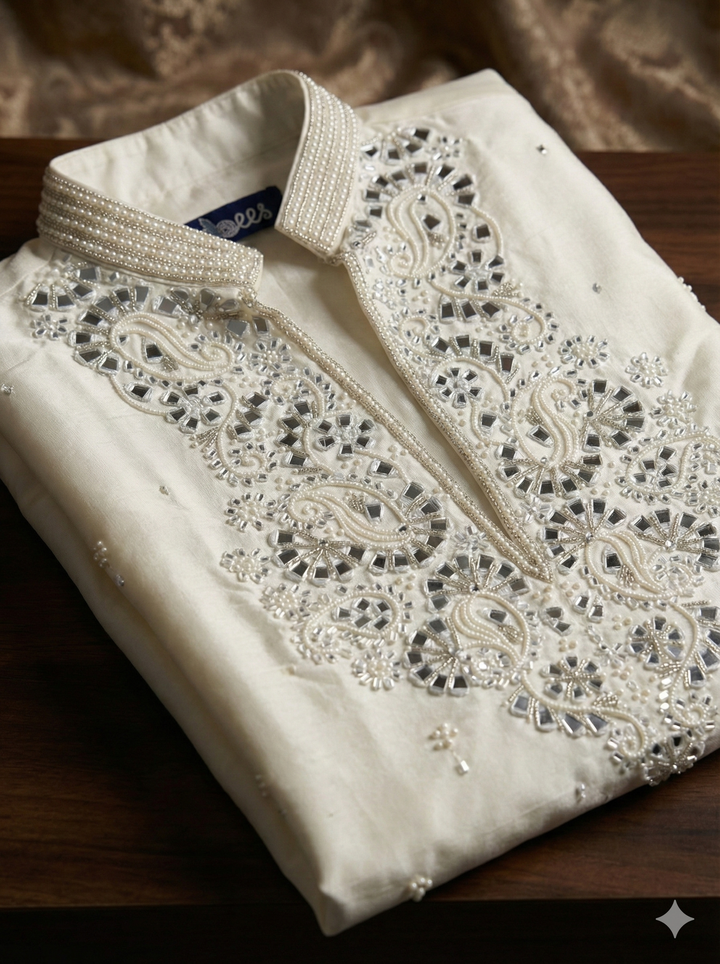 Abees White hand embroidered kurta set - detail view 1