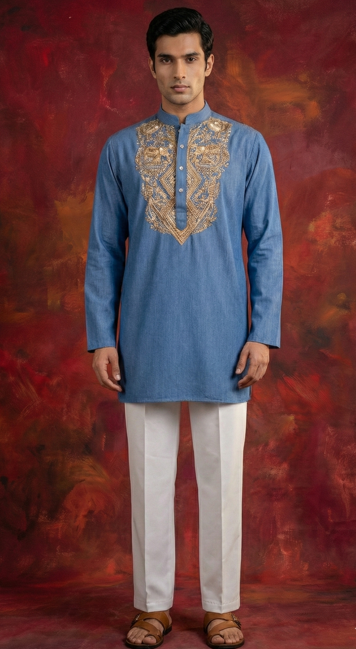 Abees Blue embroidered kurta set antique gold - front view