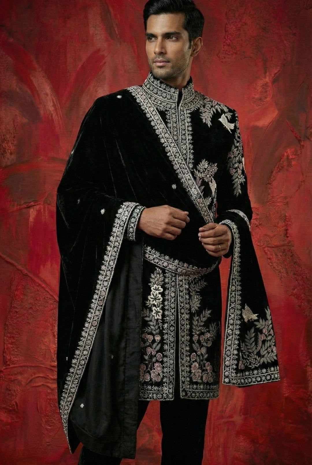 Abees Black hand embroidered sherwani set - detail view 1