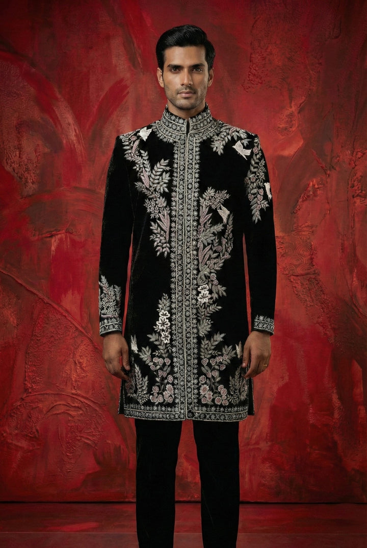 Abees Black hand embroidered sherwani set - back view