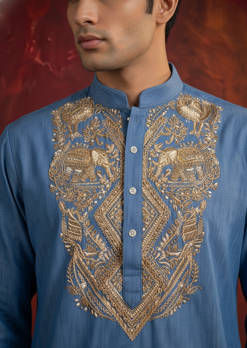 Abees Blue embroidered kurta set antique gold - back view