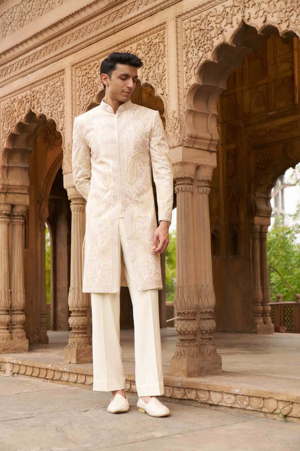 Royal Ivory Pastel Paisley Embroidered Indo Western Sherwani