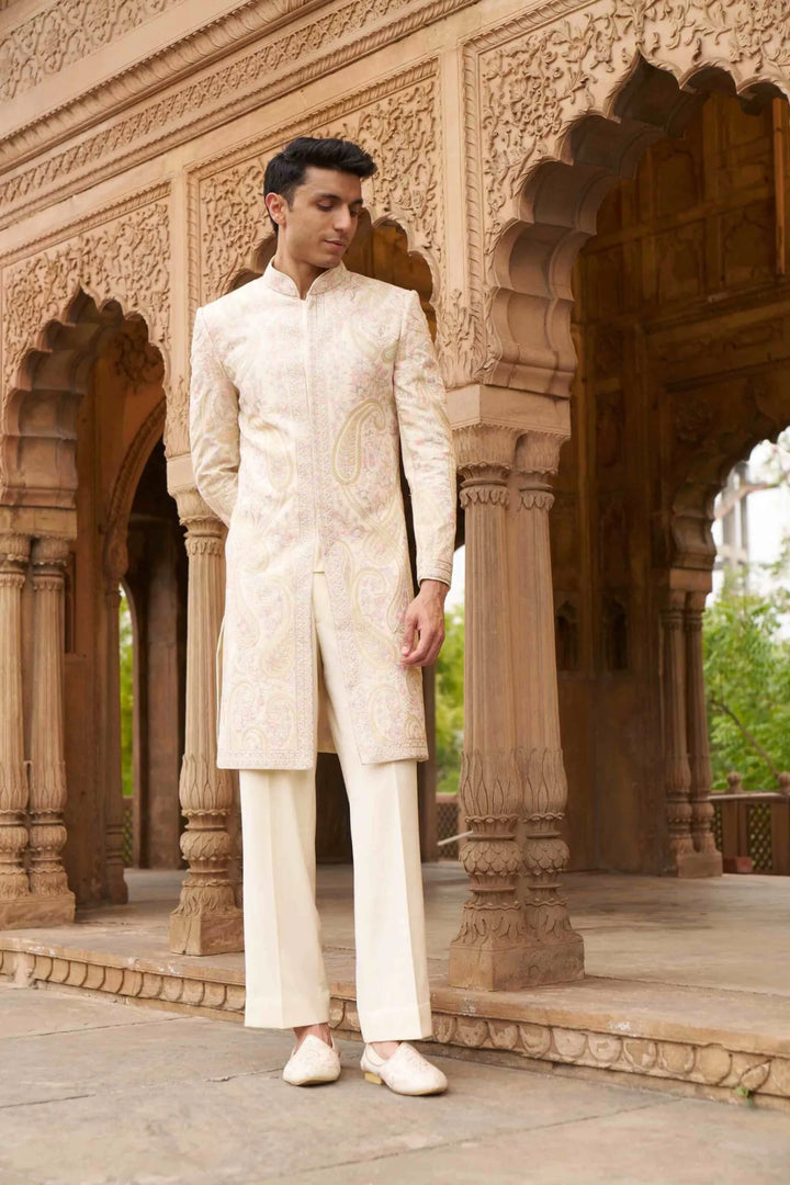 Royal Ivory Pastel Paisley Embroidered Indo Western Sherwani