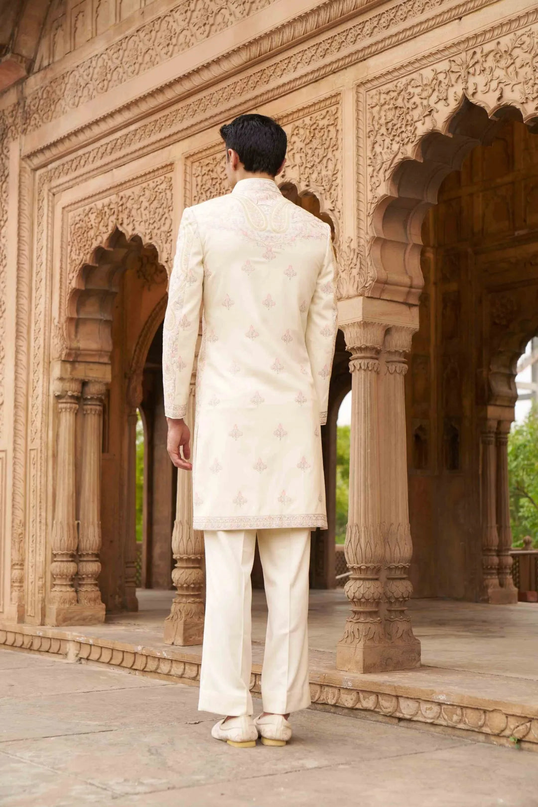 Royal Ivory Pastel Paisley Embroidered Indo Western Sherwani