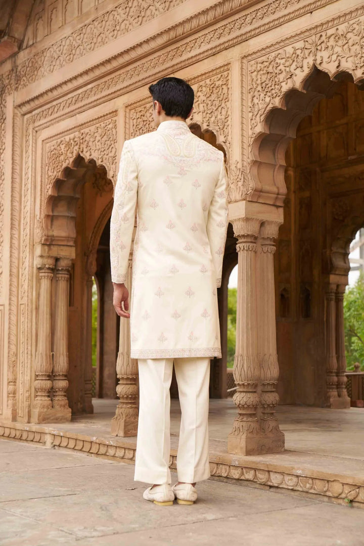 Royal Ivory Pastel Paisley Embroidered Indo Western Sherwani