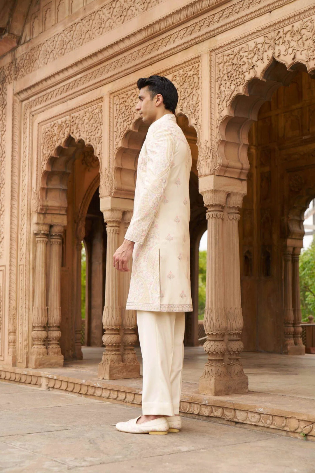 Royal Ivory Pastel Paisley Embroidered Indo Western Sherwani