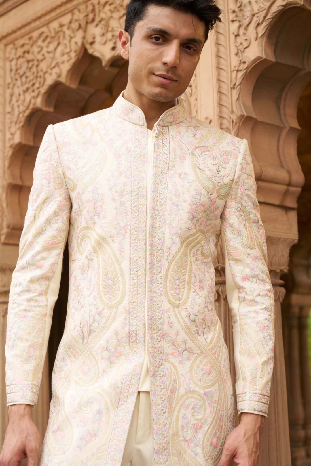 Royal Ivory Pastel Paisley Embroidered Indo Western Sherwani