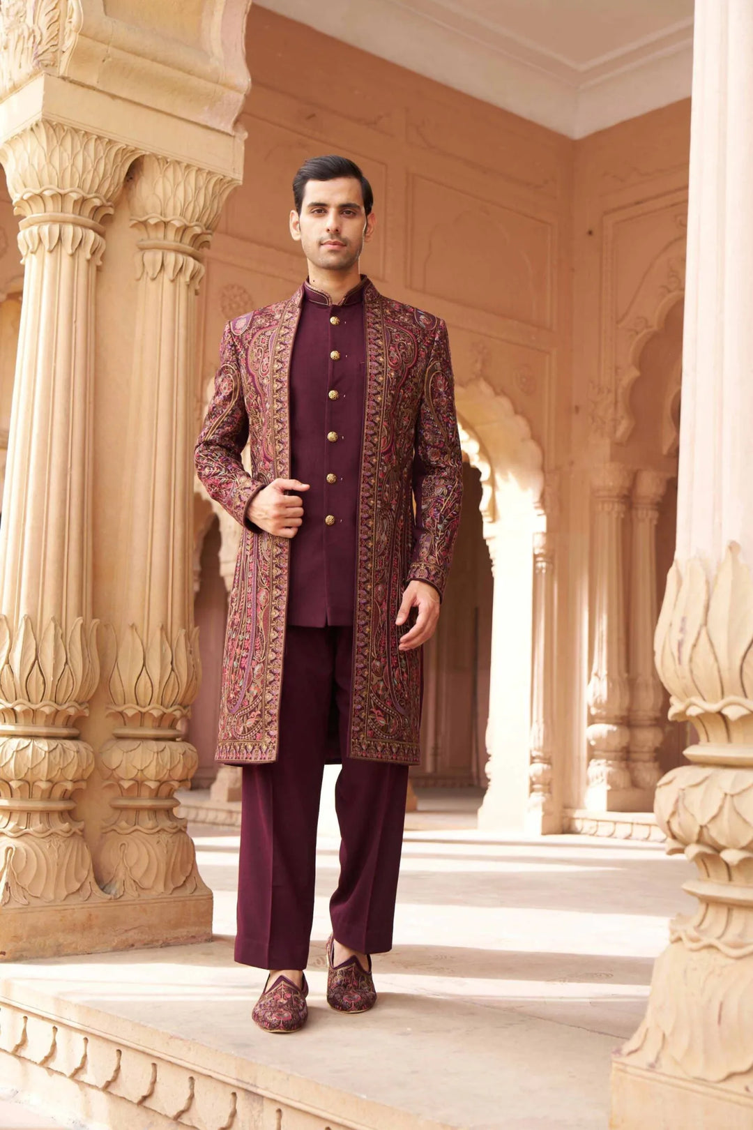 Royal Wine Heritage Embroidered Indo Western Sherwani