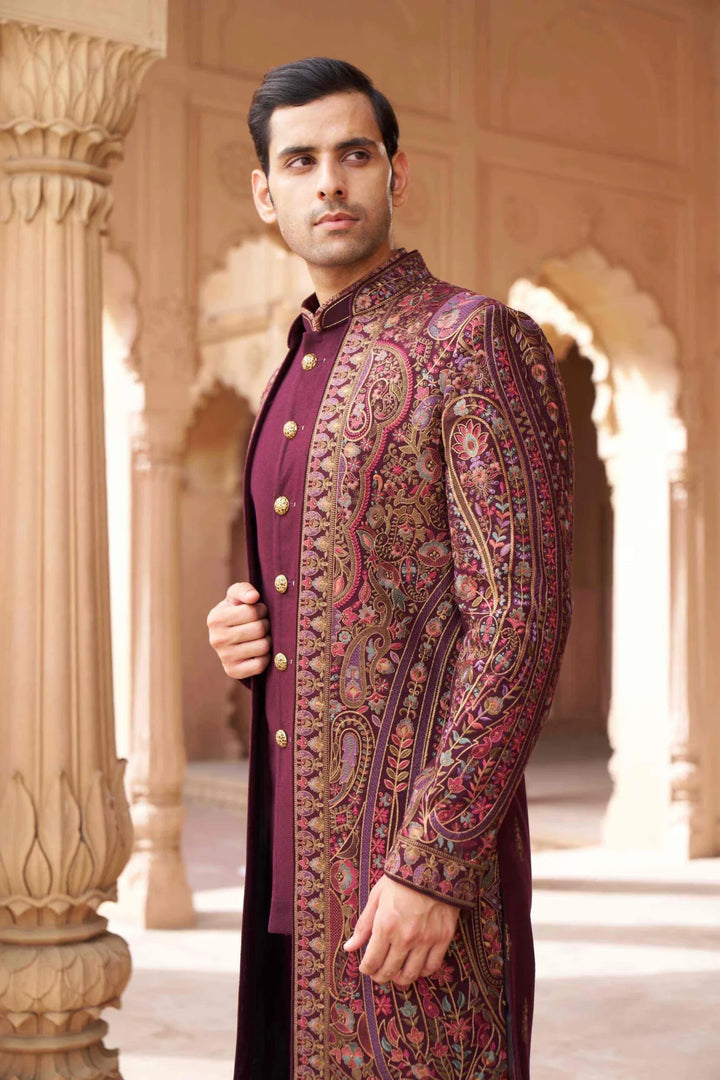 Royal Wine Heritage Embroidered Indo Western Sherwani