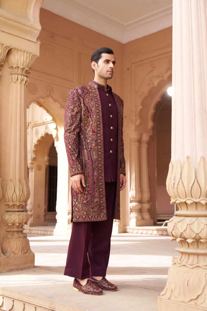 Royal Wine Heritage Embroidered Indo Western Sherwani
