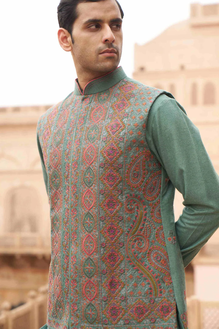 Teal Heritage Embroidered Waistcoat Kurta Set